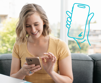 Woman in yellow shirt smiling while using smartphone on couch with illustrated hand holding phone graphic overlay