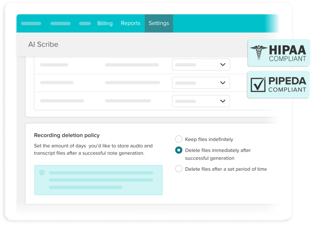 Settings interface for AI Scribe showing recording deletion policy options with HIPAA and PIPEDA compliance badges