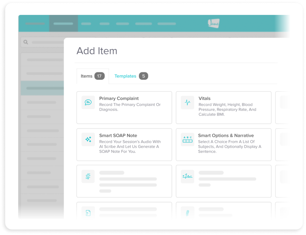 Healthcare software interface showing Add Item dialog with templates for Primary Complaint, Vitals, Smart SOAP Note, and Smart Options & Narrative
