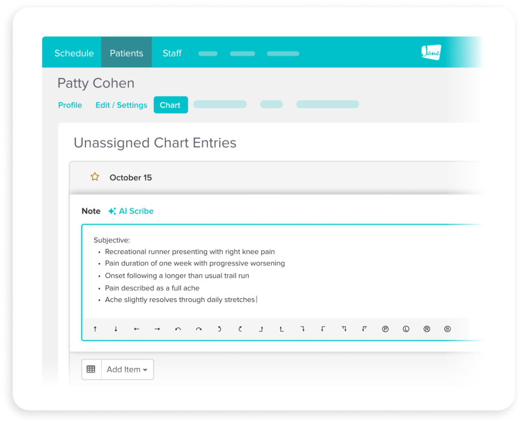 Medical chart interface showing patient Patty Cohen's unassigned chart entry from October 15, with AI Scribe note detailing recreational runner's right knee pain symptoms and duration