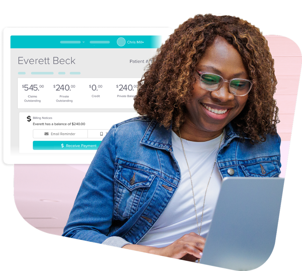 Healthcare professional using laptop with patient billing interface showing payment balances and collection options