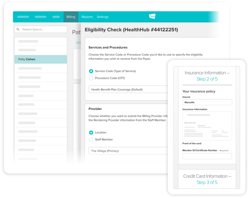 Healthcare eligibility check form showing service code selection, provider location options, and insurance information entry fields
