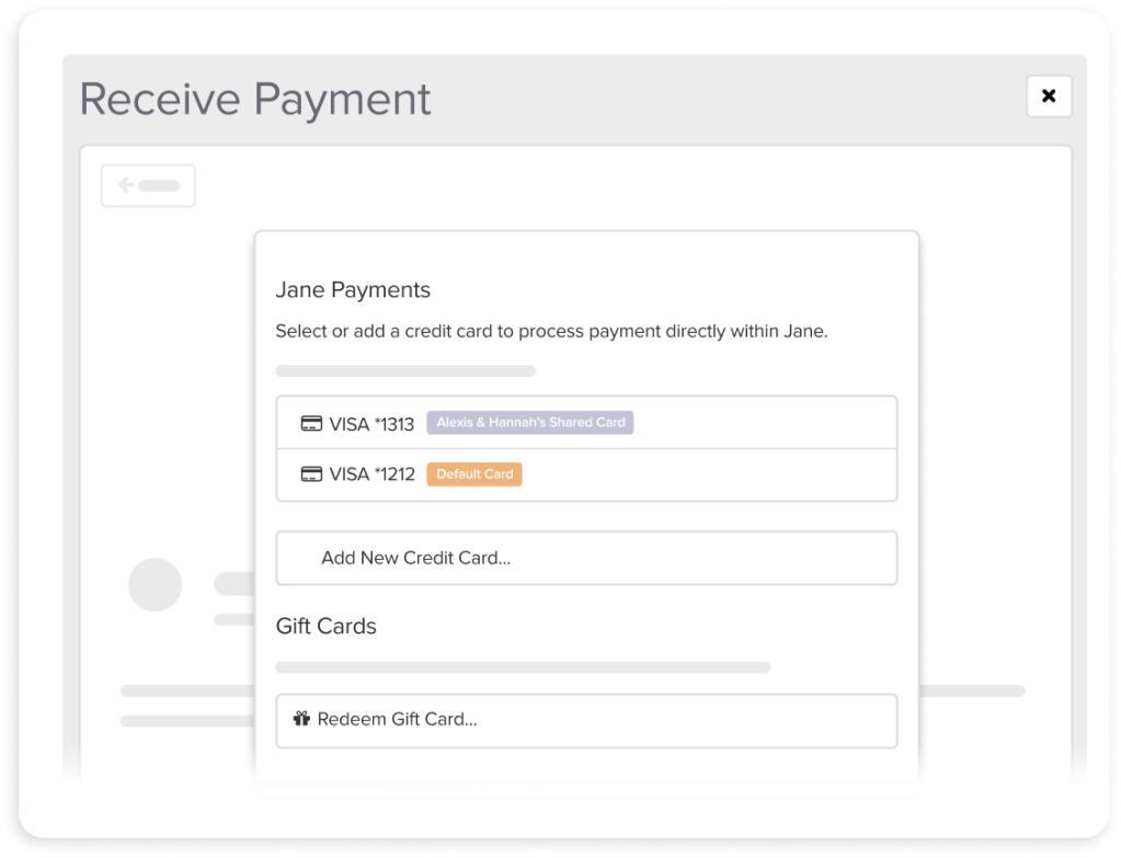Payment selection dialog showing credit card options and gift card redemption