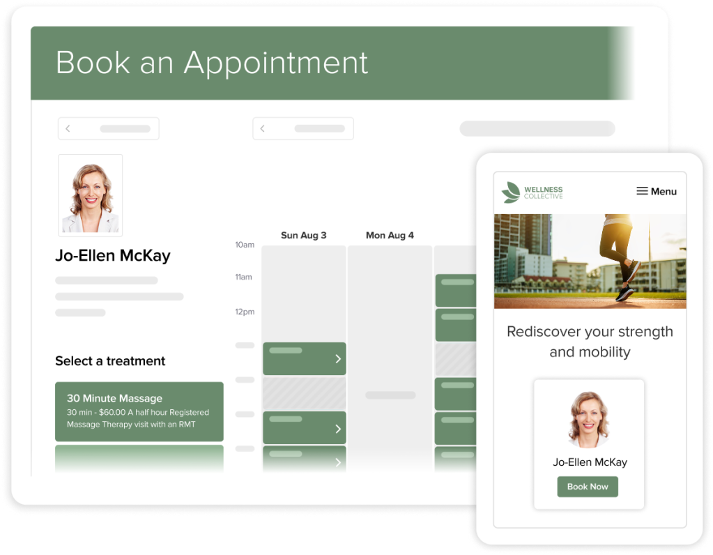 Screenshot of appointment booking interface showing practitioner Jo-Ellen McKay, treatment selection, and available time slots