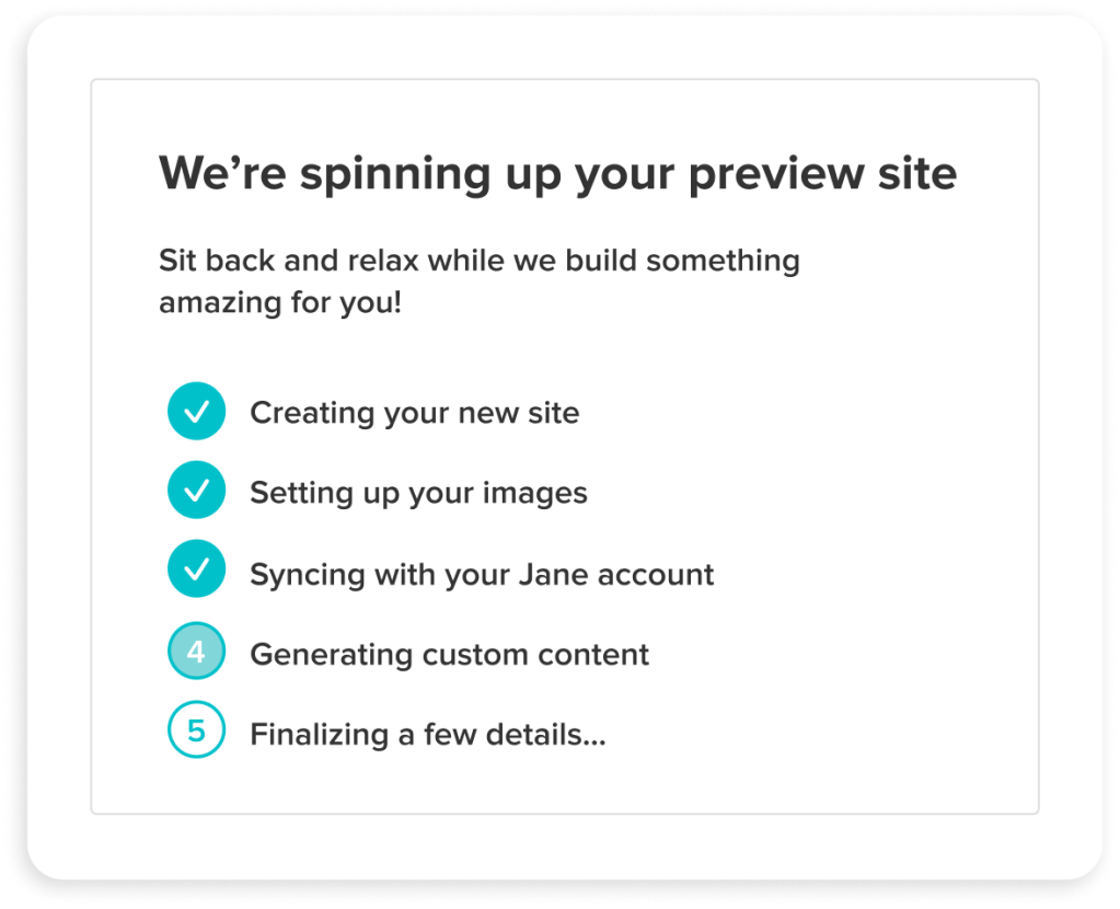 Website setup progress showing 3 completed steps with checkmarks and 2 remaining steps numbered 4 and 5