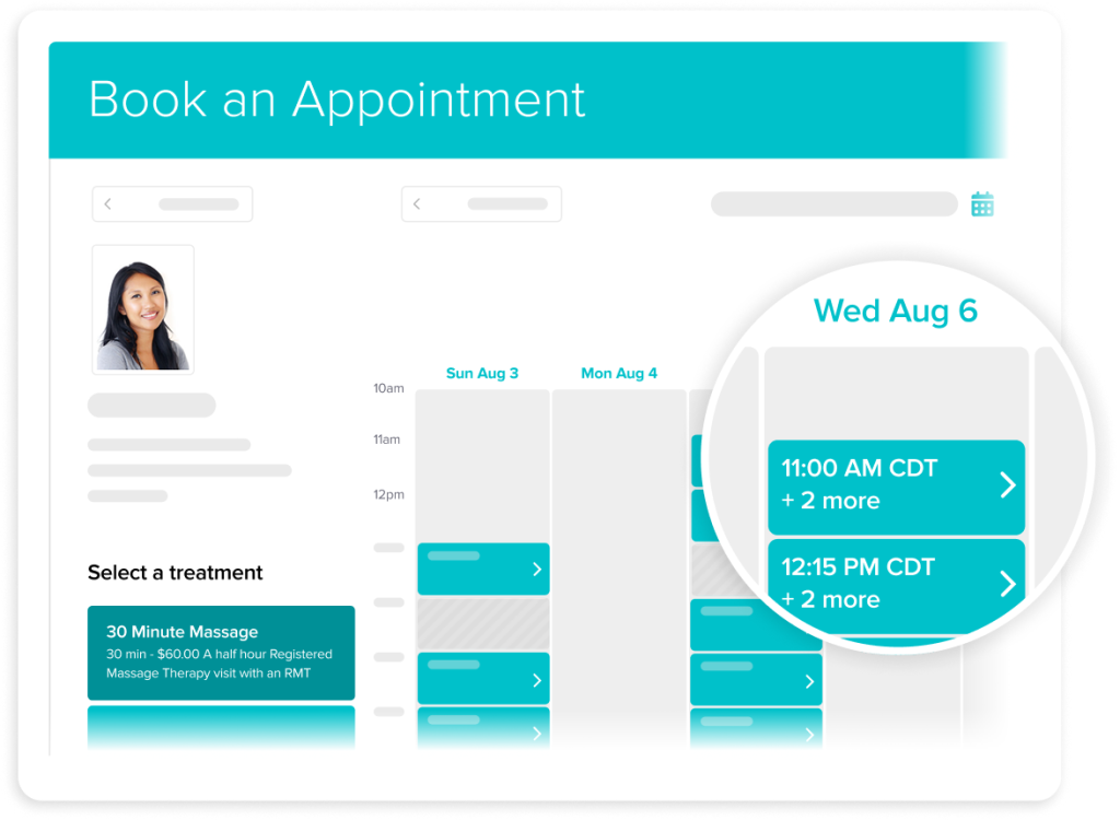 Online appointment booking interface showing treatment selection, calendar view, and available time slots for Wednesday August 6th