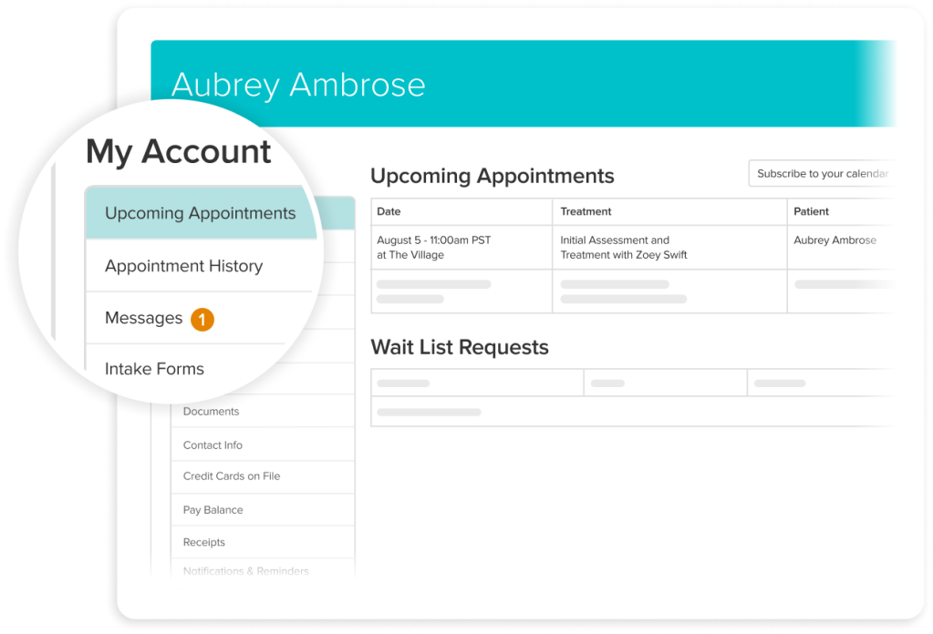 Patient portal dashboard showing upcoming appointments and account navigation menu