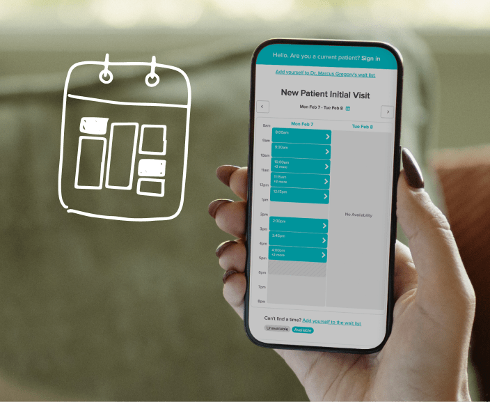 Hand holding smartphone displaying medical appointment scheduling app with calendar icon overlay