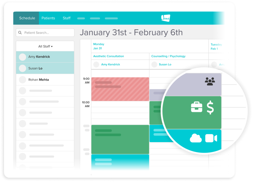 Healthcare scheduling software interface showing weekly calendar view with staff list, appointment blocks, and highlighted features including billing and video call capabilities