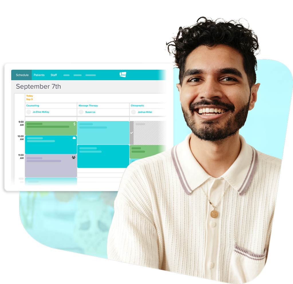 Smiling man in white polo shirt next to healthcare scheduling software showing September 7th calendar with appointments for counseling, massage therapy, and chiropractic services