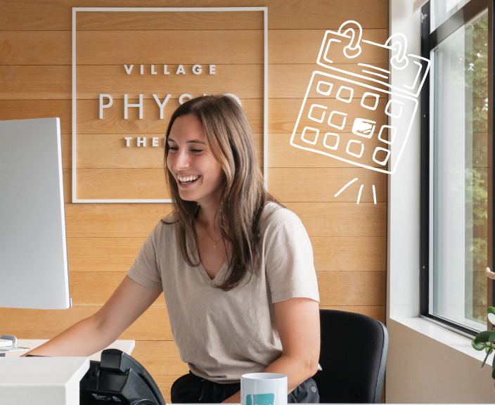 Woman smiling at desk in physiotherapy clinic office with calendar and clipboard graphics overlaid