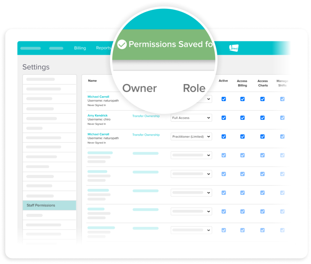 Staff permissions settings page showing user roles and access rights with a "Permissions Saved for Owner" confirmation message