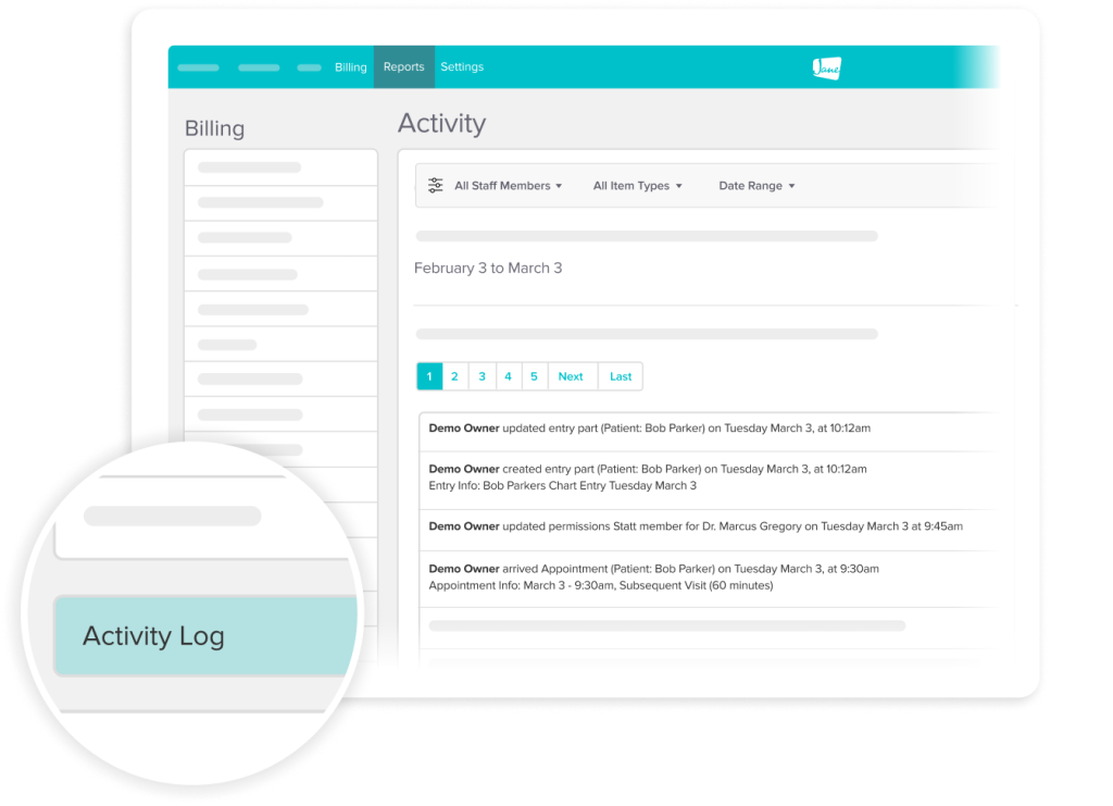 Software interface showing billing and activity sections with activity log displaying patient entries and appointments from February 3 to March 3