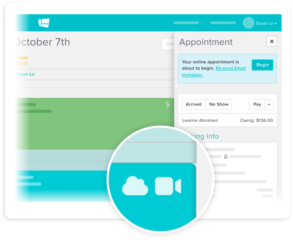 Appointment scheduling interface showing October 7th calendar with online appointment notification and video call integration features