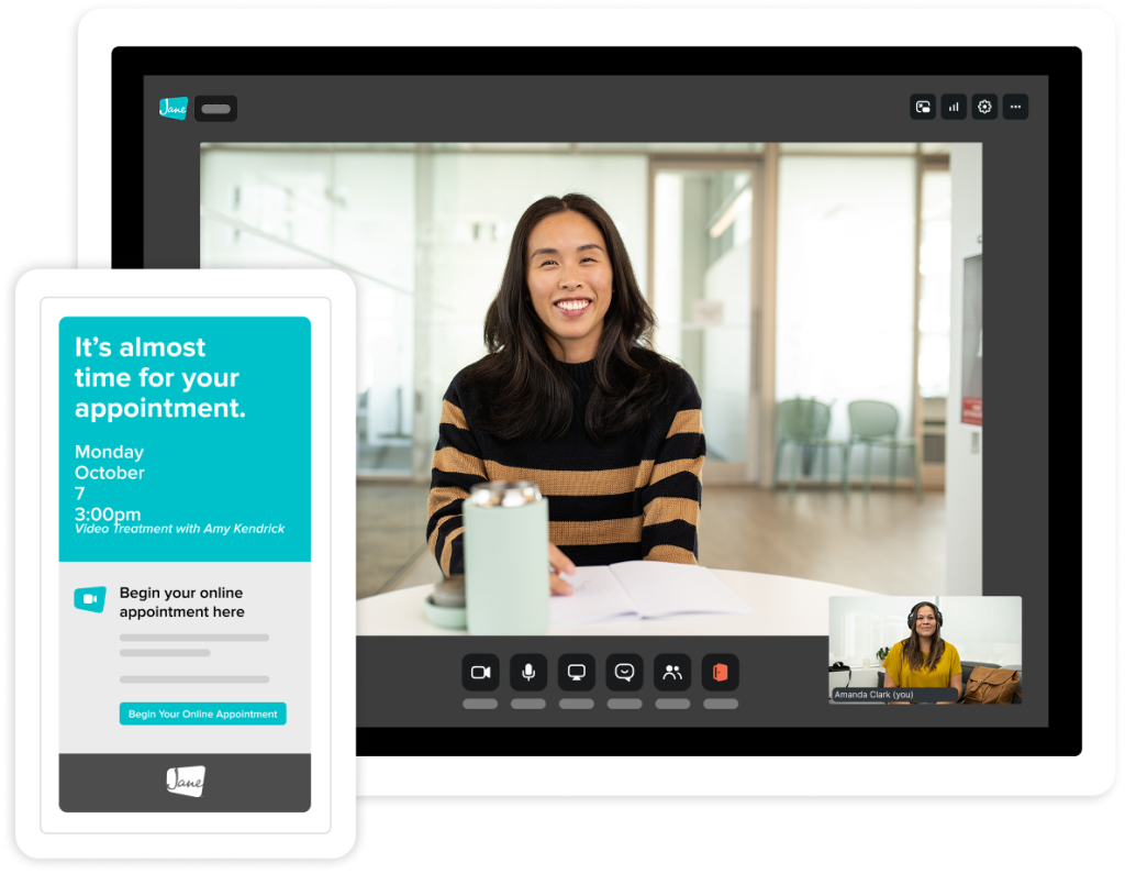 Video call interface showing a smiling woman in a striped sweater holding a white mug, with appointment reminder overlay for Monday October 7 at 3:00pm