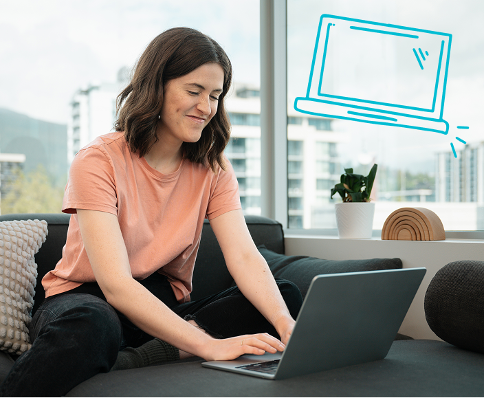 Woman sitting on couch using laptop computer with illustrated laptop icon floating above