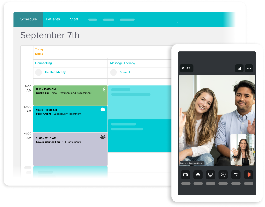 Healthcare scheduling interface showing September 7th calendar with appointments for counselling and massage therapy, alongside a video call screen with two people waving